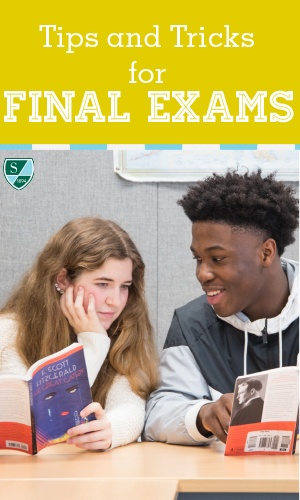 Image of girl and boy discussing a book with the title Tips and Tricks for Final Exams written above